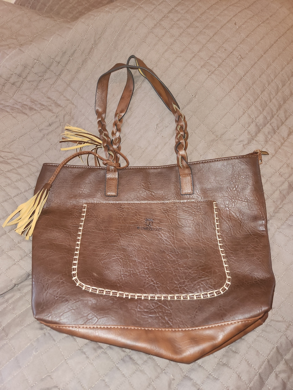 Brown Women's Leather Tote Bag with Tassel - Unbranded